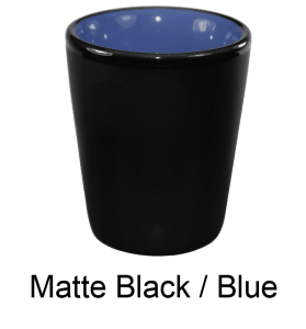 [4122, 4C] – 1.5 oz Matte Black Ceramic Shot Glass (Yellow, White, Blue, or Lime Interior)