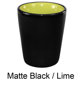 [4122, 4C] – 1.5 oz Matte Black Ceramic Shot Glass (Yellow, White, Blue, or Lime Interior)