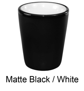[4122, 4C] – 1.5 oz Matte Black Ceramic Shot Glass (Yellow, White, Blue, or Lime Interior)