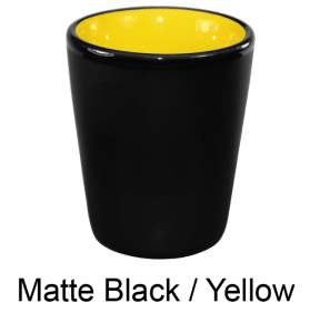 [4122, 4C] – 1.5 oz Matte Black Ceramic Shot Glass (Yellow, White, Blue, or Lime Interior)